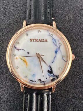 Strada Watch Women Gold Tone Marble Dial Black Leather Band New Battery